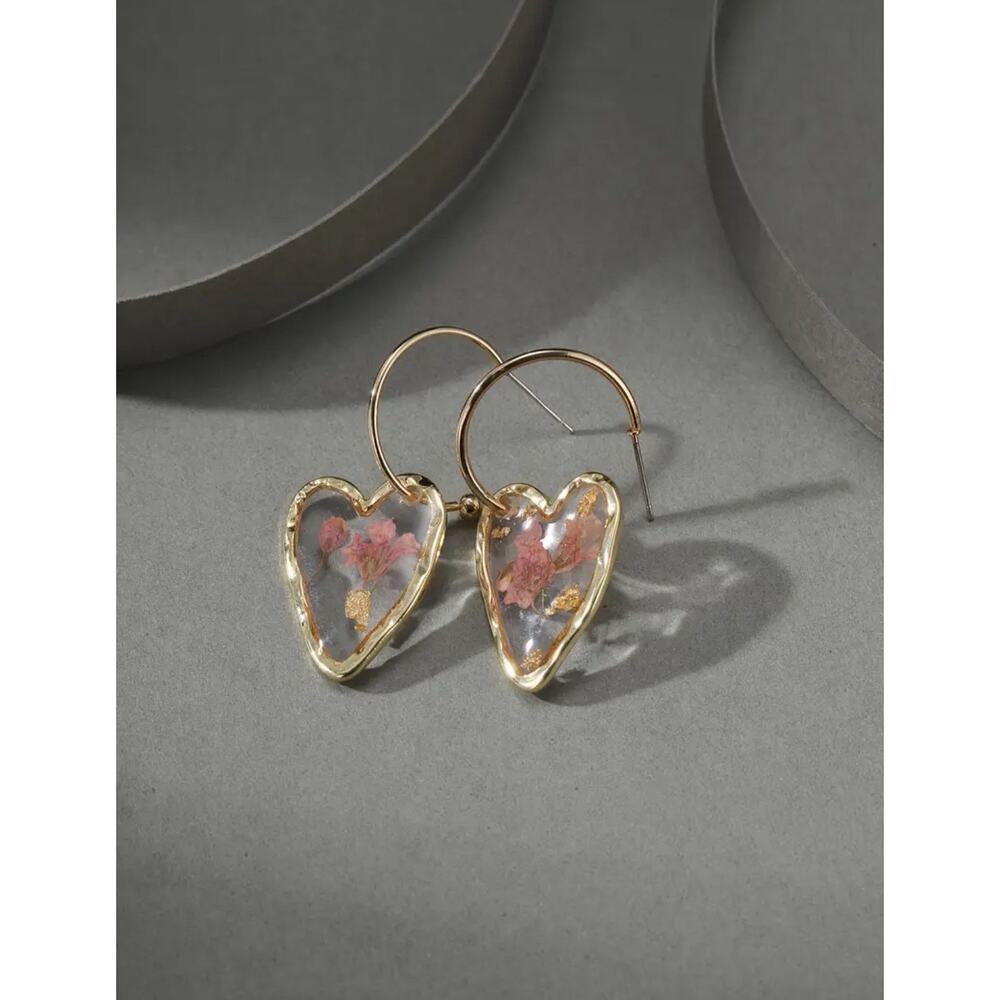 Resin Love Heart Pendant Hoop Earrings, 18K Gold Plated Sweet Style Earrings